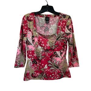 INC International Concepts Paisley Print Y2K Stretch Top Scoop Neck Pink M